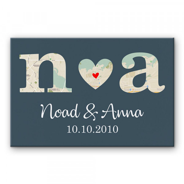 Custom Map Letters Anniversary Canvas Print