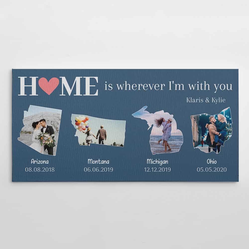 Home Is Wherever I'm With You Custom Map Shape Photo Canvas Print