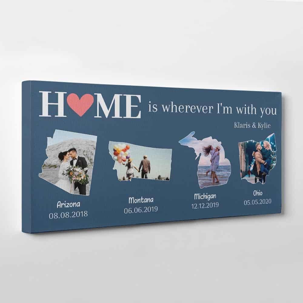 Home Is Wherever I'm With You Custom Map Shape Photo Canvas Print