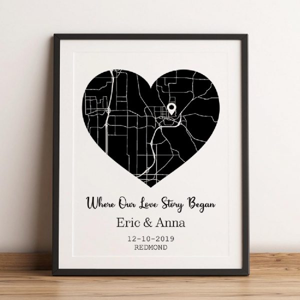 Where Our Love Story Began Black And White Map Framed Print