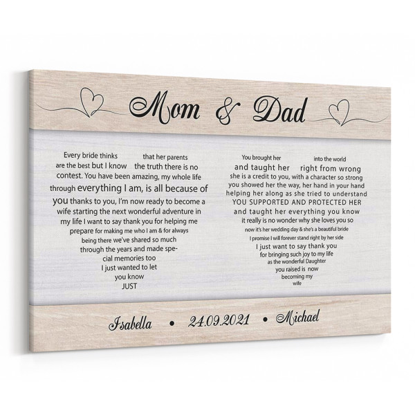 Wedding Thank You Gift for Parents of The Bride Personalized Canvas Print