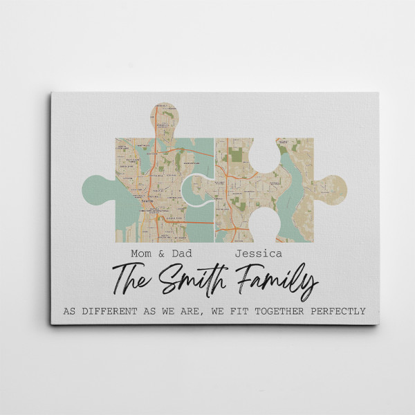 "As Different As We Are We Fit Together Perfectly" Family Puzzle Map Custom Canvas Print (2-6 Maps)