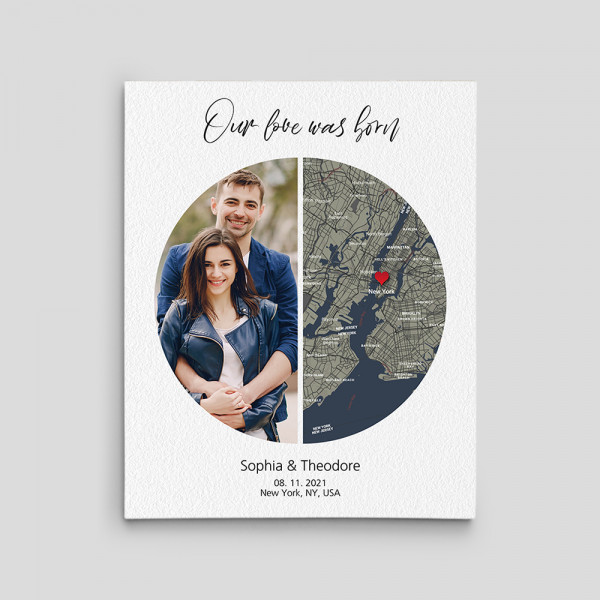 Our Love Was Born (1st) Custom Text, Map and Photo Canvas Print