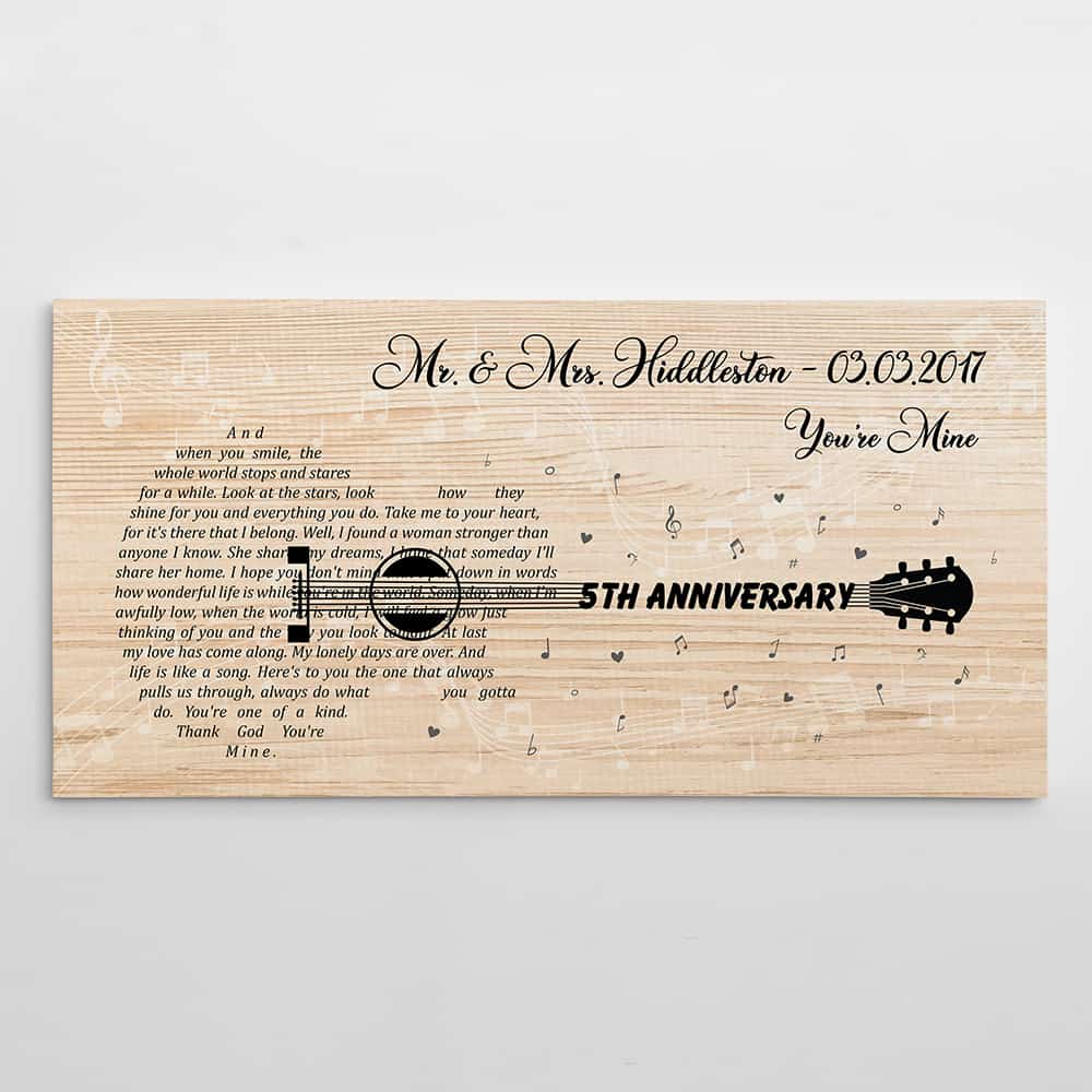 5 Year Anniversary - Custom Guitar Shaped Song Lyrics Canvas Print ...