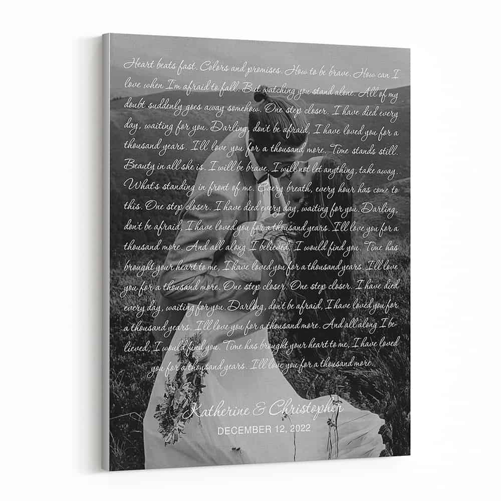 Elegant Black and White Custom Song Lyrics Photo Vertical Canvas Print