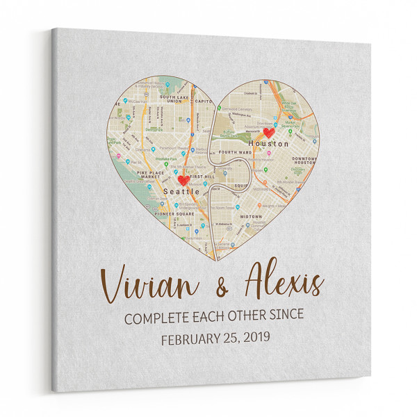 Complete Each Other Custom Split Heart Map Canvas Print