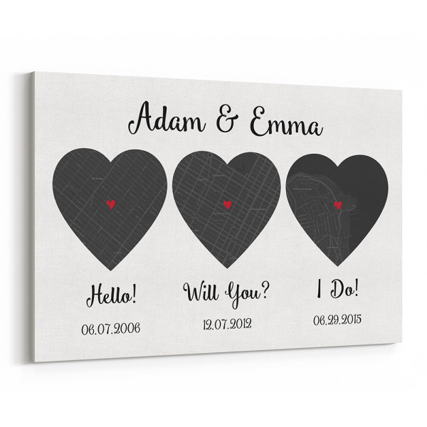Hello - Will You - I Do - Black and White Style - Map Canvas Wall Art Print, Anniversary Gift