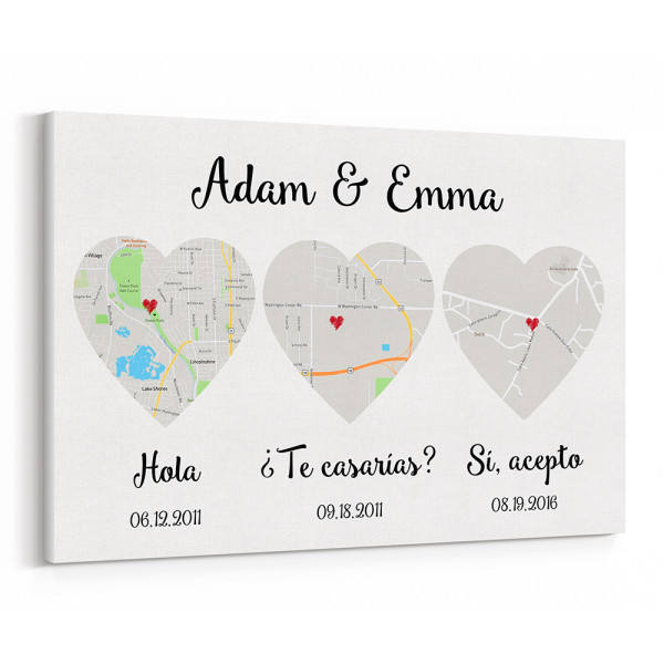 (Spanish) Hello - Will You - I Do Map - Canvas Print, Anniversary Gift