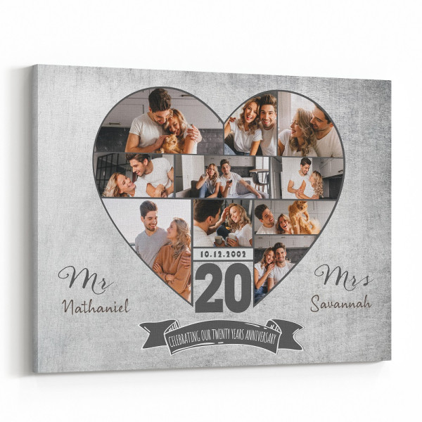 20th Anniversary Heart-Shaped Photo Collage Canvas Print