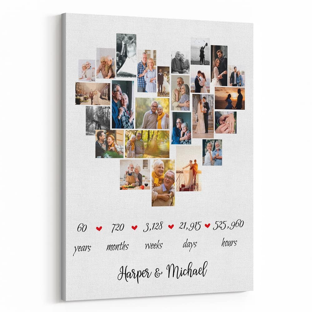 60th Anniversary Heart Photo Collage – Custom 25 Photos Canvas Print