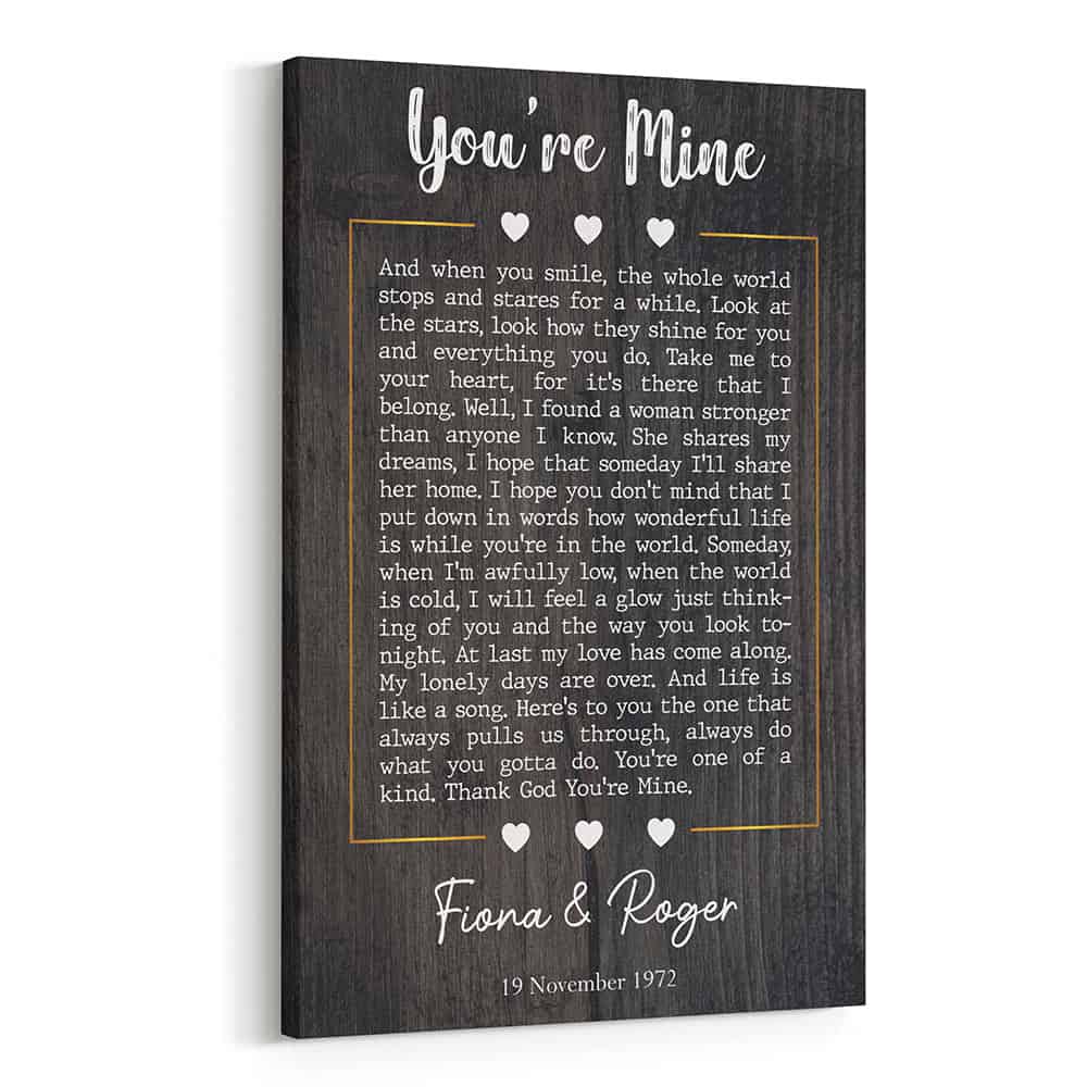 Custom 50th Anniversary Canvas Print – Personalized Song Lyrics on Wood Background