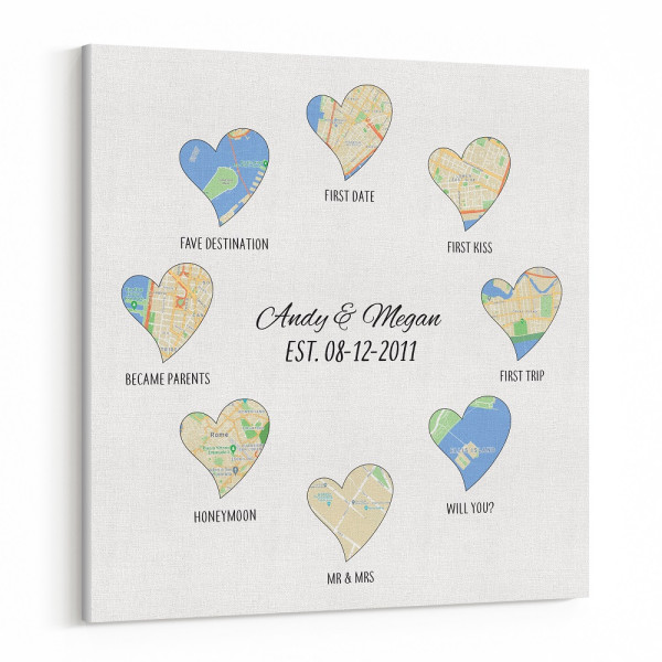 Custom Relationship Canvas with 8 Heart-Shaped Location Maps