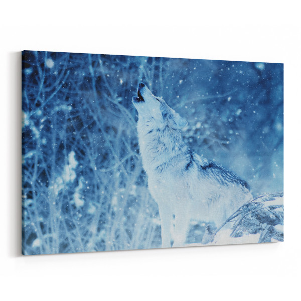 White Wolf Howling In The Winter Snow Canvas Wall Art