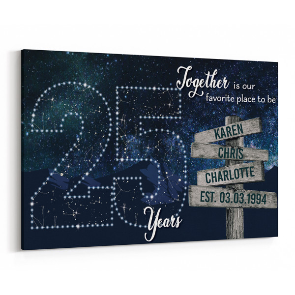 25 Years Together Star Map Street Sign Names Canvas Gift