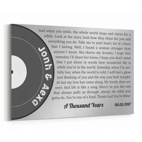 25th Wedding Anniversary Custom Song Lyrics Canvas Print - A Vinyl Record of Love