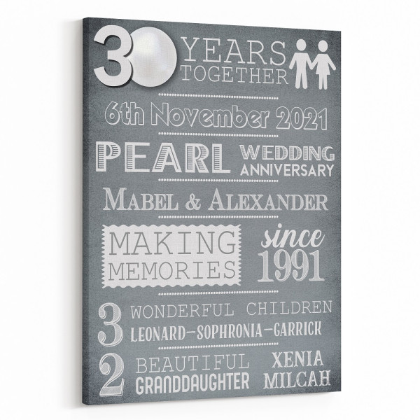 30 Years Pearl Wedding Anniversary  Custom Canvas Print