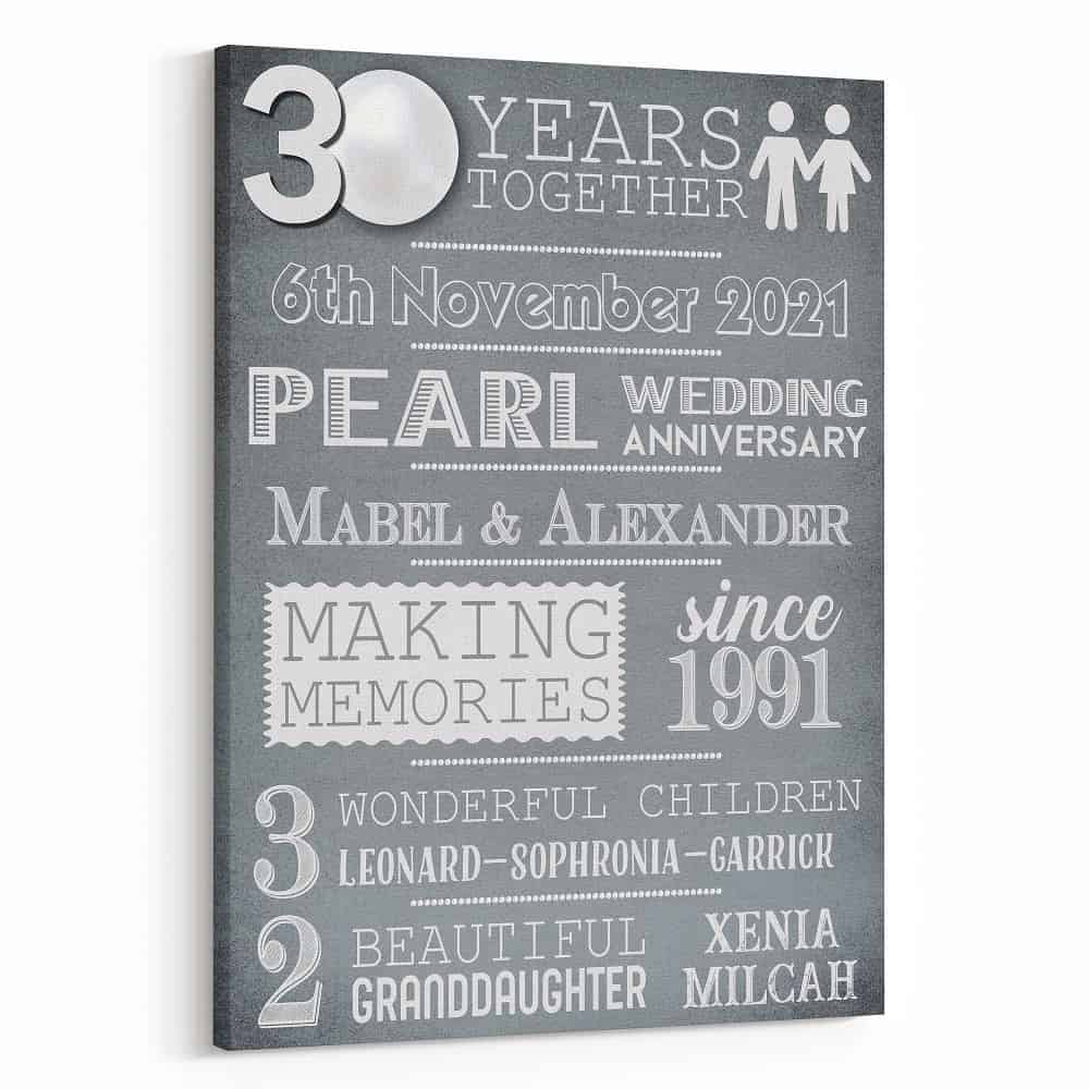 30 Years Pearl Wedding Anniversary  Custom Canvas Print