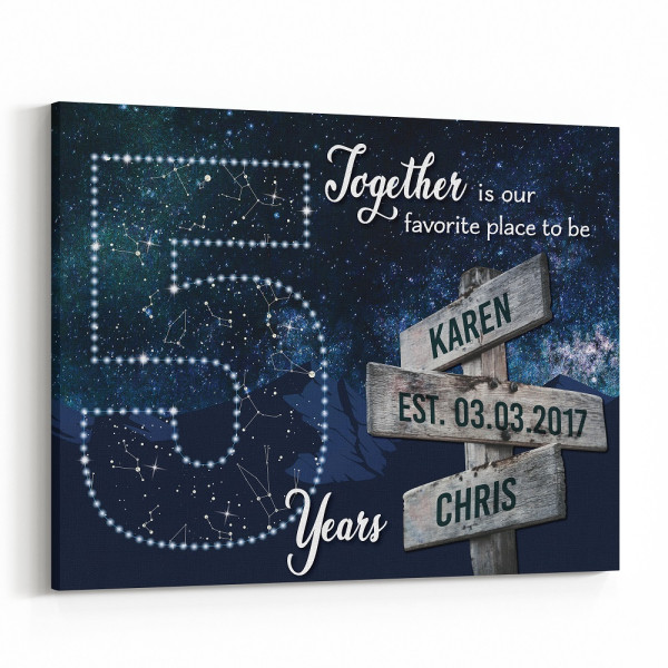 5 Years Together Star Map Street Sign Names Canvas Gift