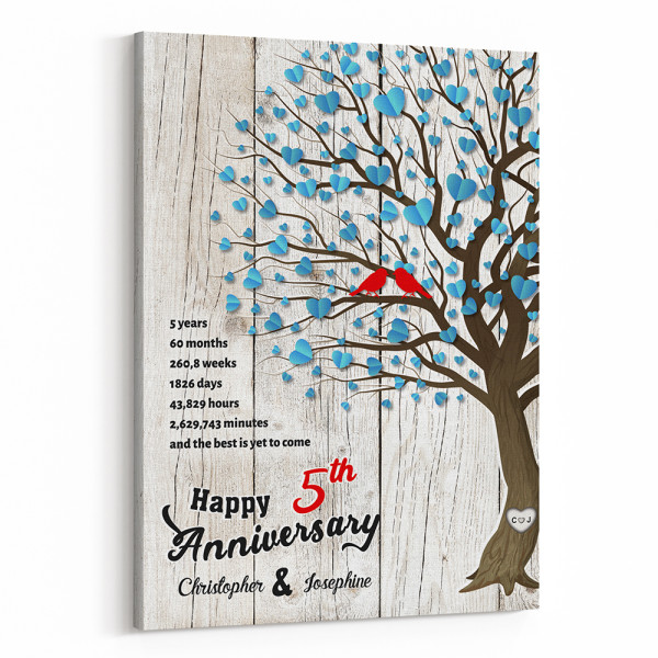 5th Anniversary Tree and Love Birds Couple Canvas