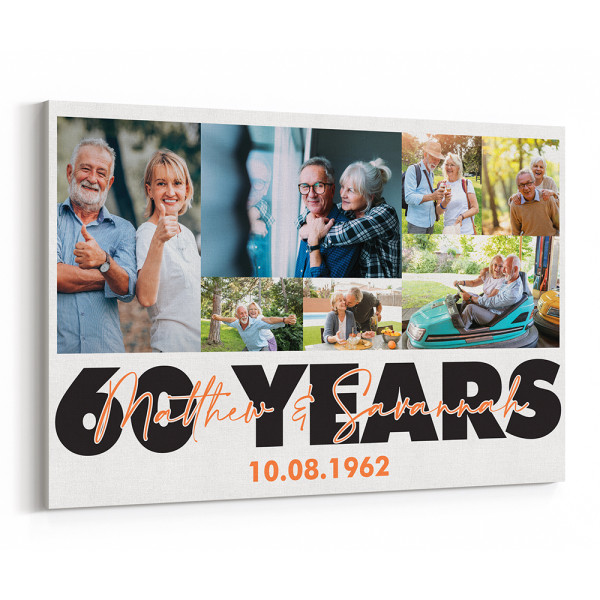 60 Years Married Custom Photo Collage and Name Canvas Print