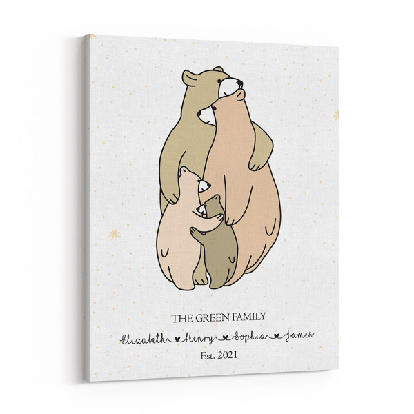 Bear Family Illustration Custom Canvas Print With Family Name