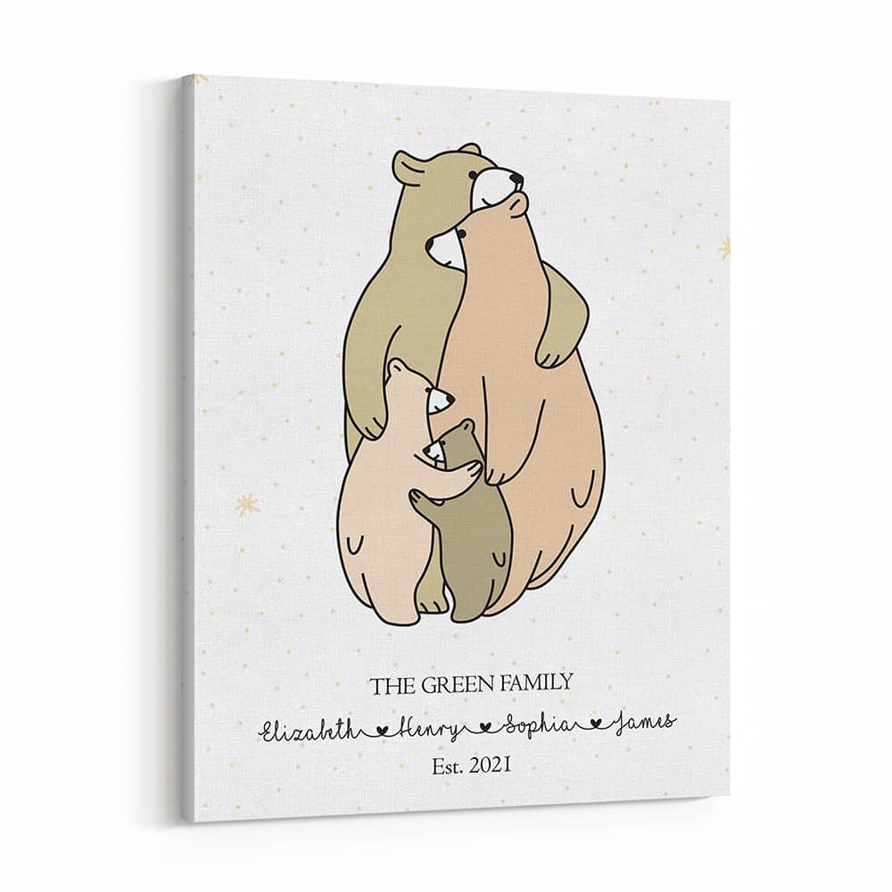 Bear Family Illustration Custom Canvas Print With Family Name