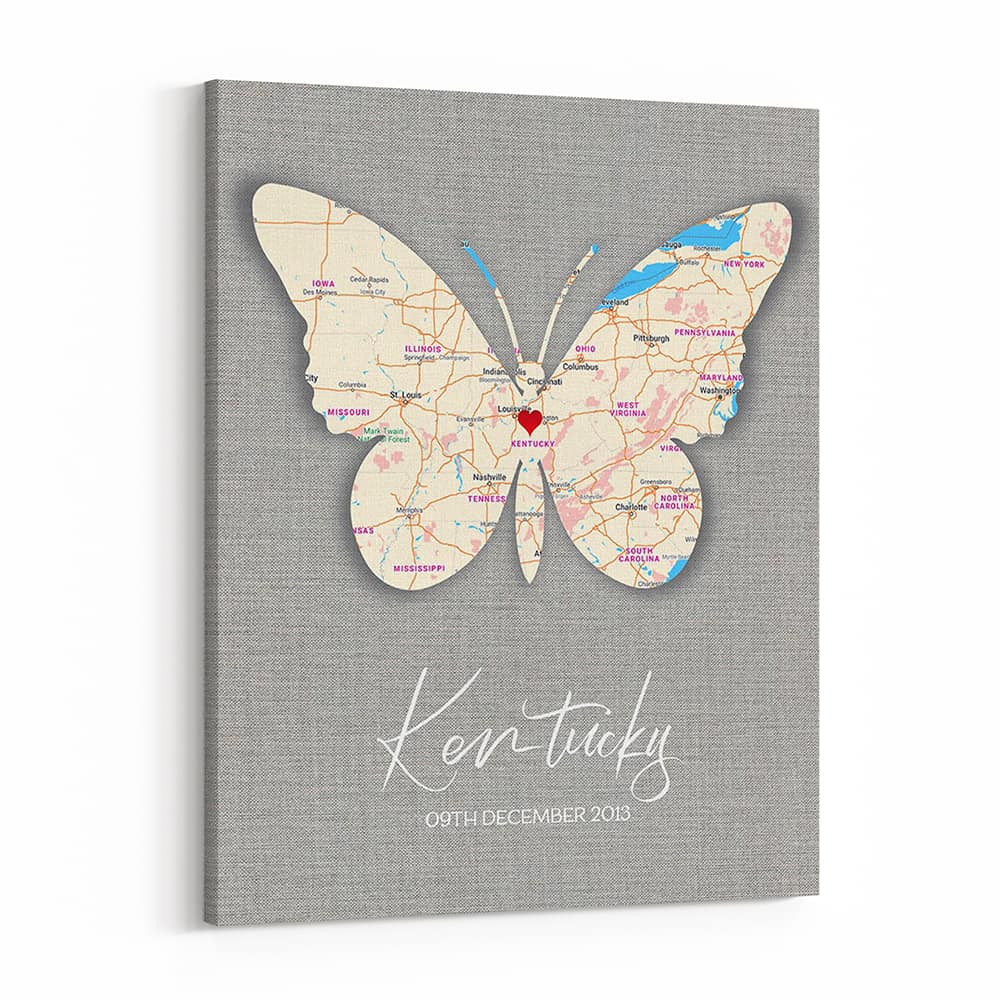 Butterfly Map (8th Anniversary) Custom Map Canvas Print