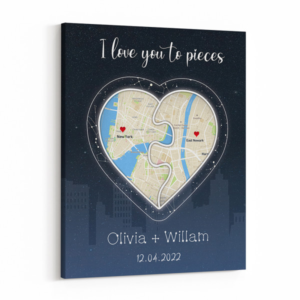 I Love You To Pieces Puzzle Map And Star Map Canvas Print