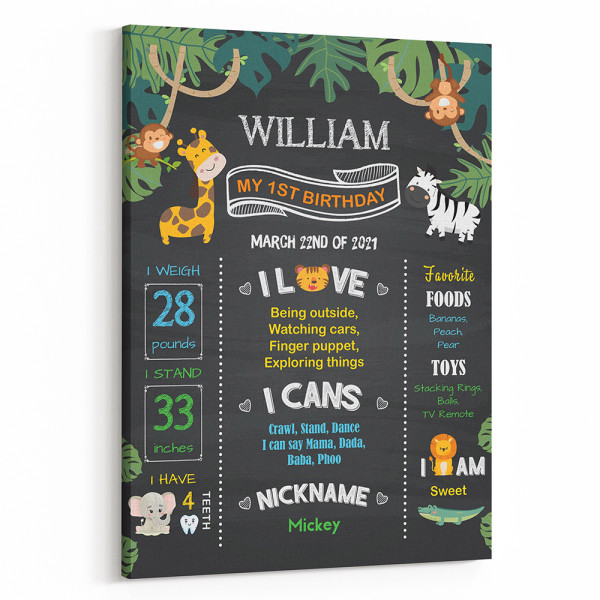 Jungle Zoo First Birthday Chalkboard Custom Canvas Print
