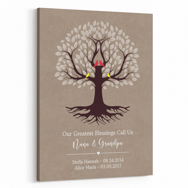 Our Greatest Blessings Call Us Nana and Papa Personalized Family Tree Canvas Print with Brown Background