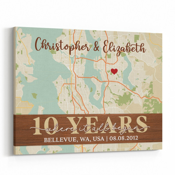 10th Anniversary 'Where It All Began' Custom Street Map Canvas