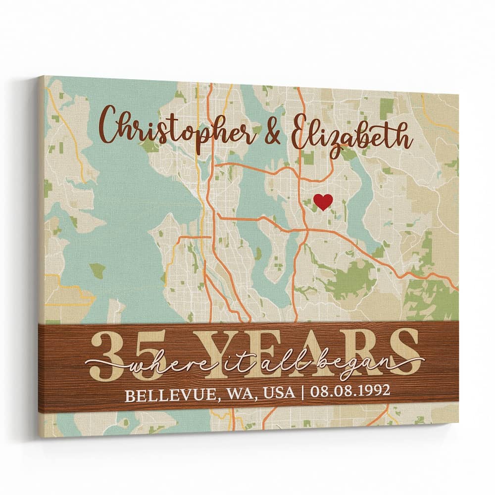 35 Years Where It All Began Custom Retro Map Canvas Print