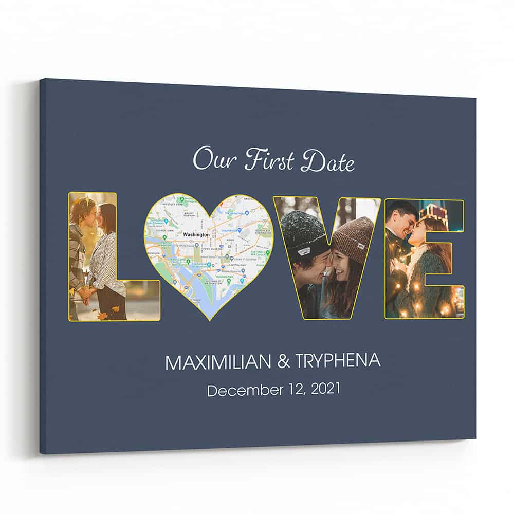 Our First Date Custom Photo College and Map Canvas Print