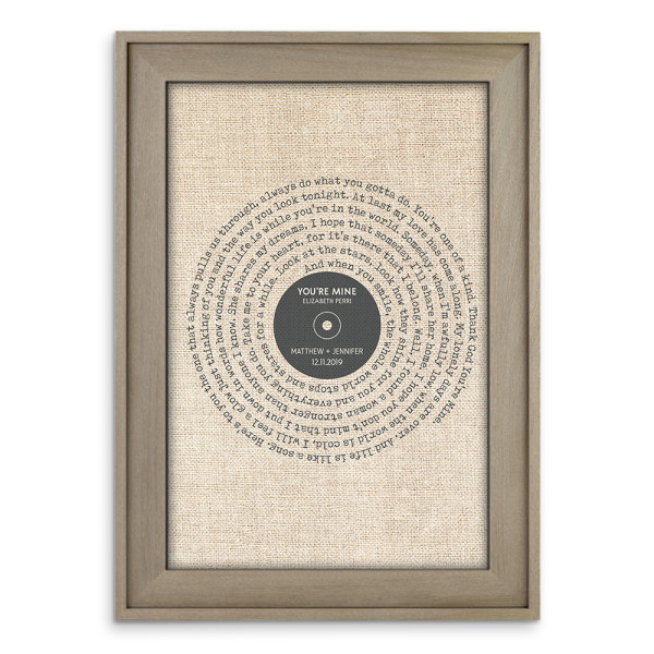 Vinyl Record With Song Lyrics Linen Print Barnwood Framed