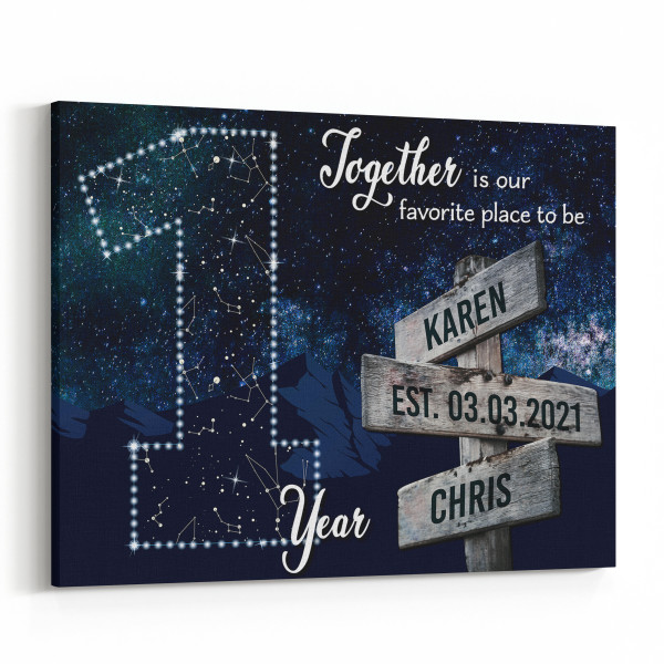 1 Year Together Star Map Street Sign Names Canvas Gift