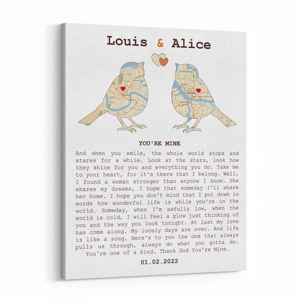 Song Lyrics and Love Birds Custom Map Canvas Print