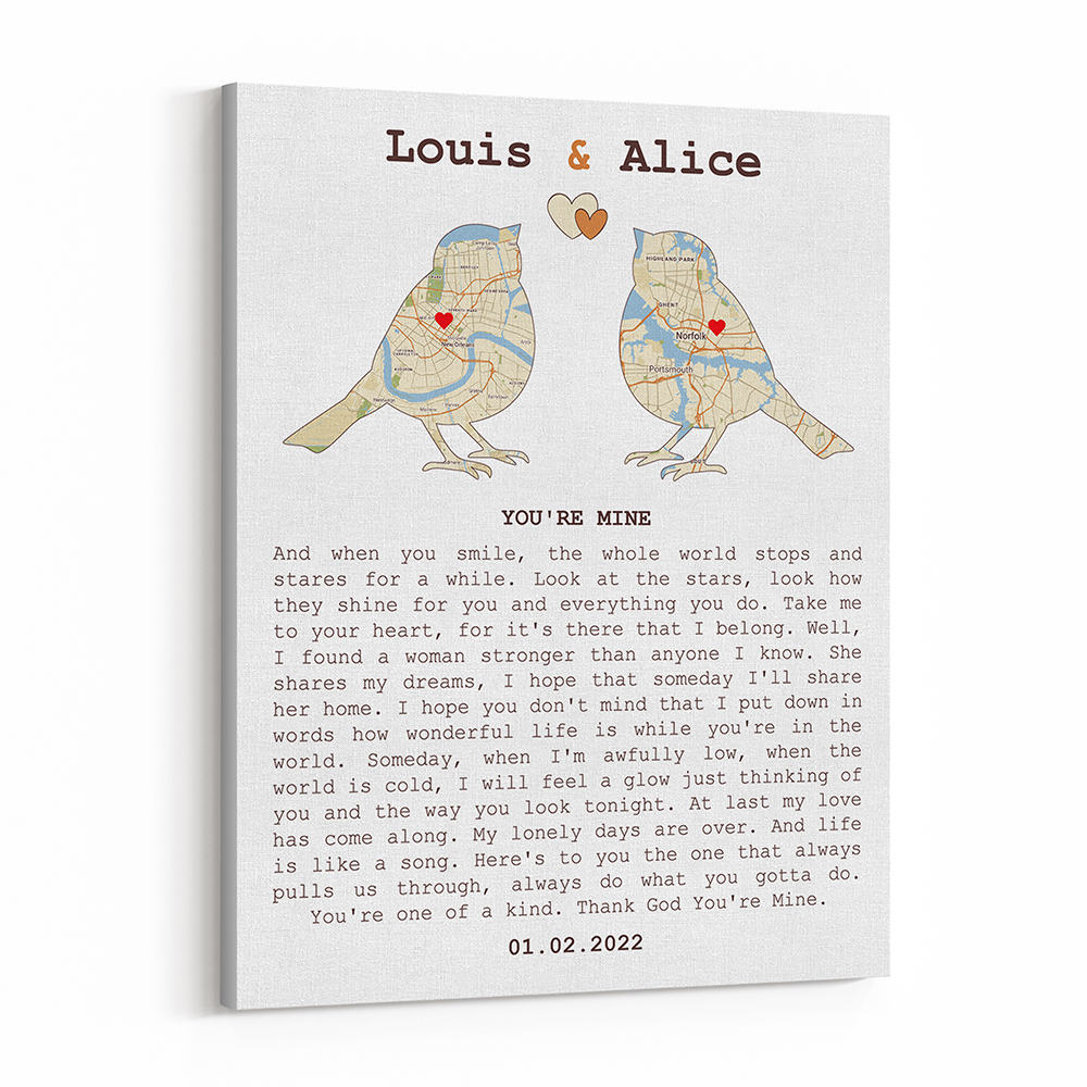 Song Lyrics and Love Birds Custom Map Canvas Print