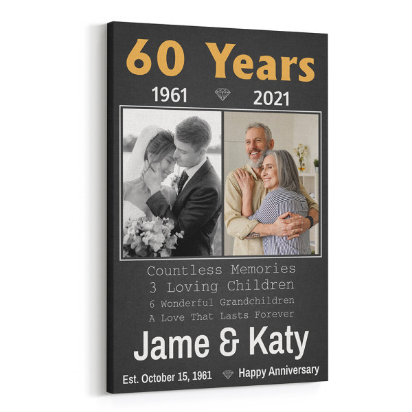 60th Wedding Anniversary Then and Now Custom Canvas Print