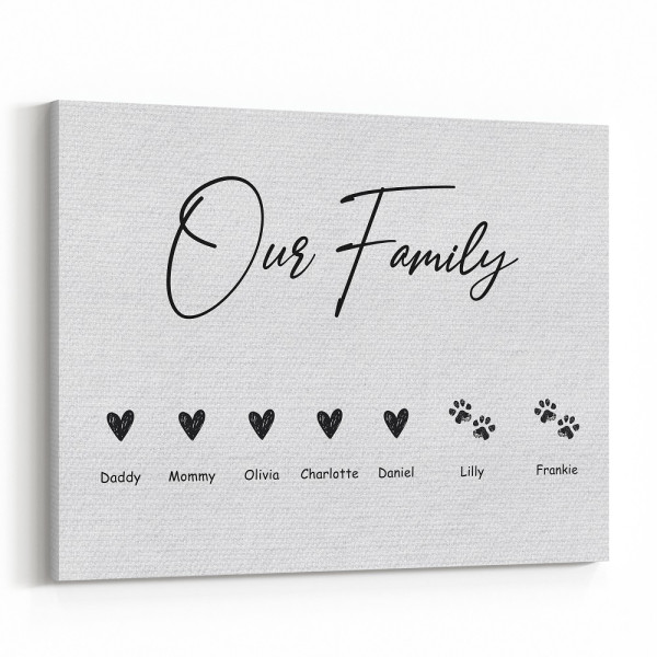Personalized Our Family Hearts and Paws Canvas Print