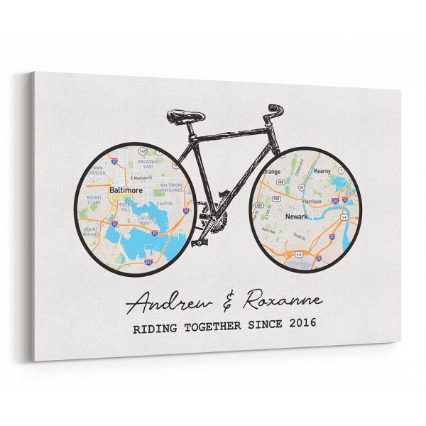 "Riding Together" Bicycle Map 2 Locations Canvas Print