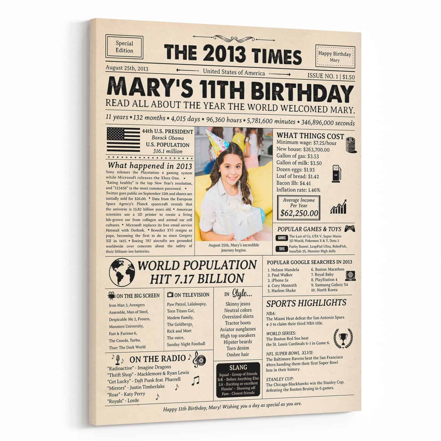 11th Birthday Gift for Kid: 2013 Birthday Newspaper Canvas