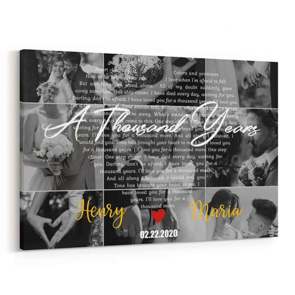 Custom Wedding Song Lyrics Black and White Canvas Print - 9 Photo Collage
