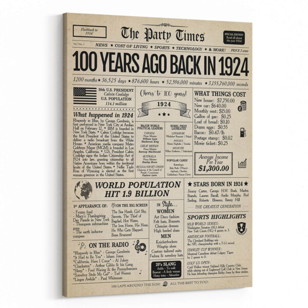 Back In 1924 100th  Birthday Newspaper Canvas Print