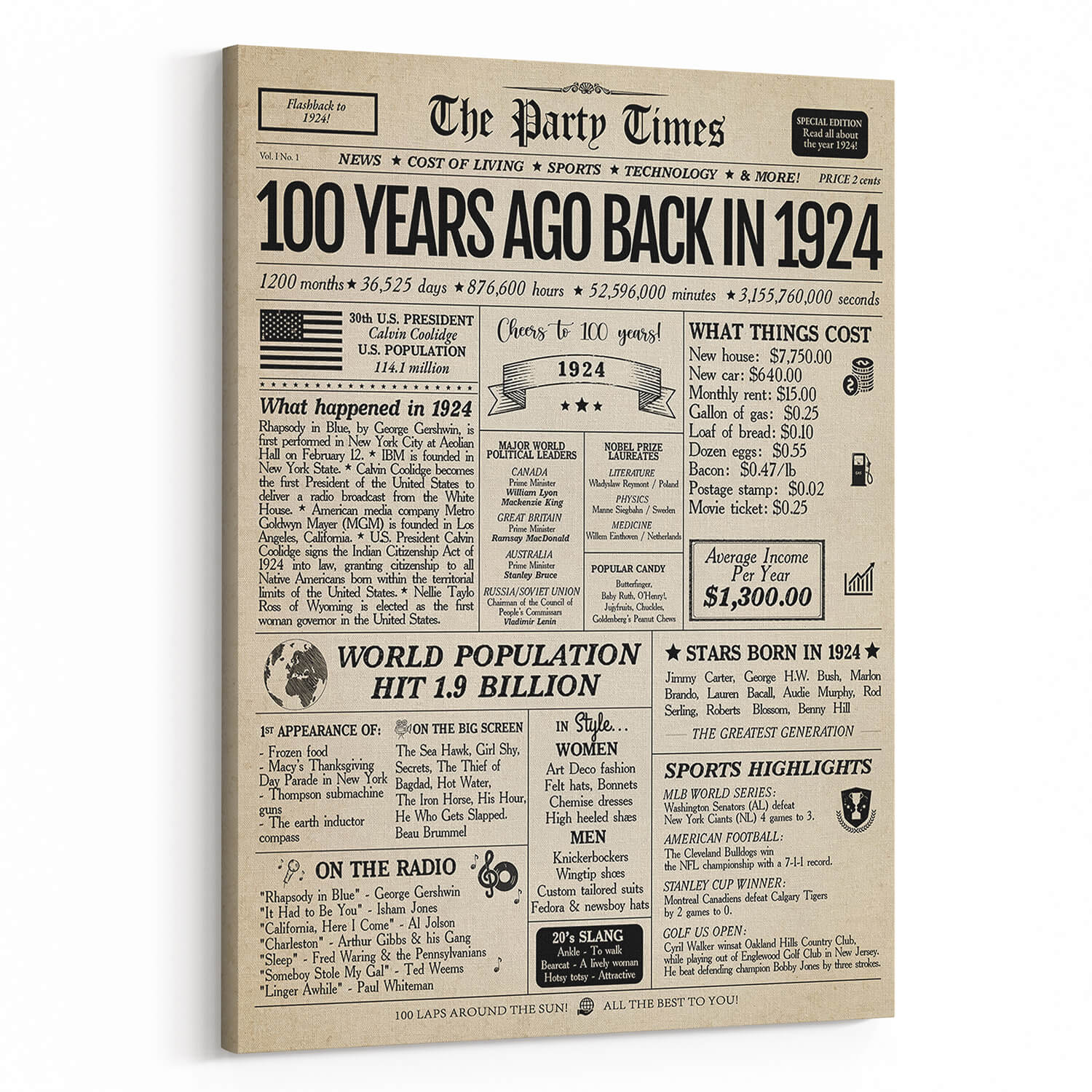 Back In 1924 100th Birthday Newspaper Canvas Print | 365Canvas