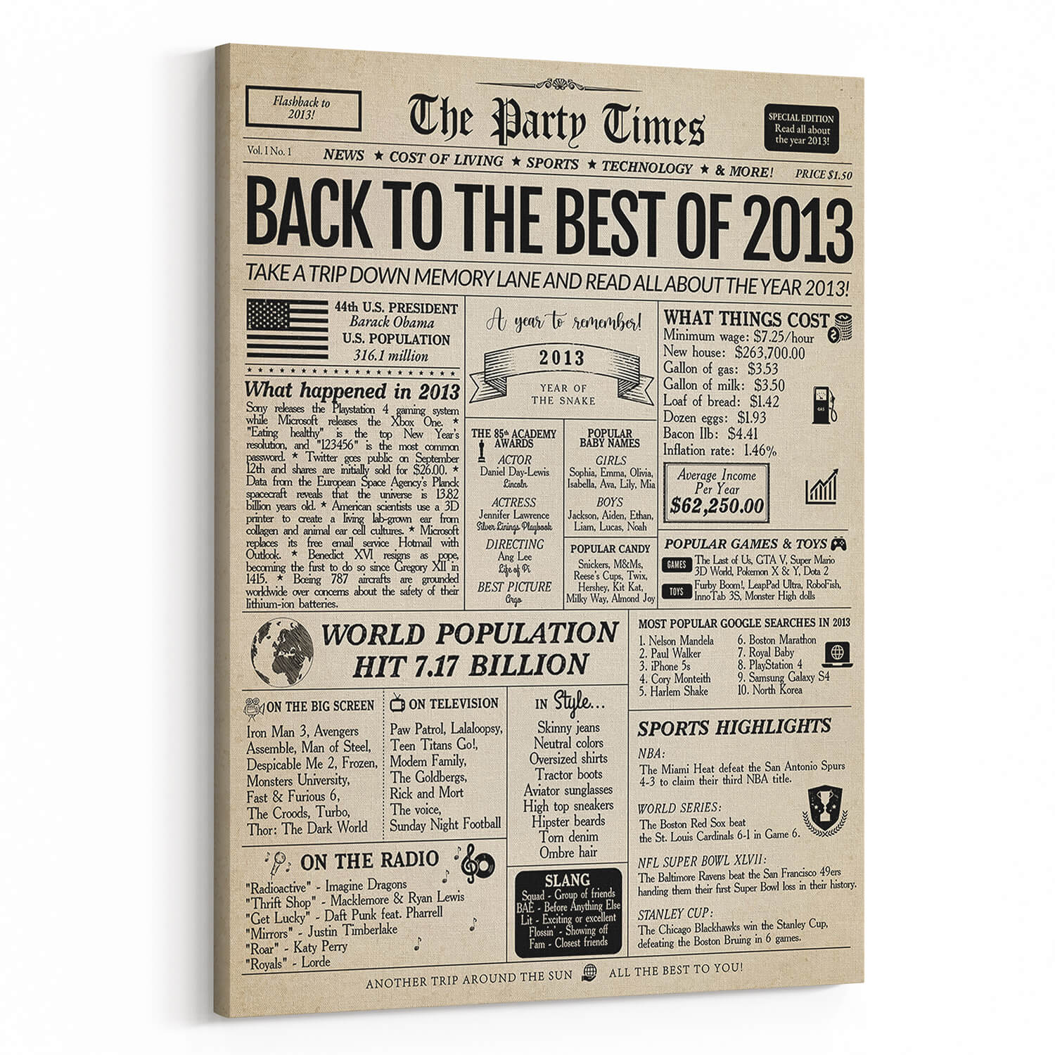 Back In 2013 11th Birthday Newspaper Canvas Print