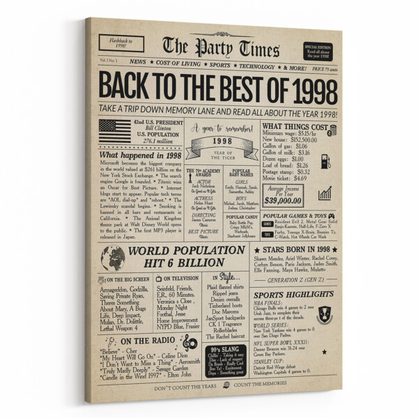 Back In 1998 26th Birthday Newspaper  Canvas Print