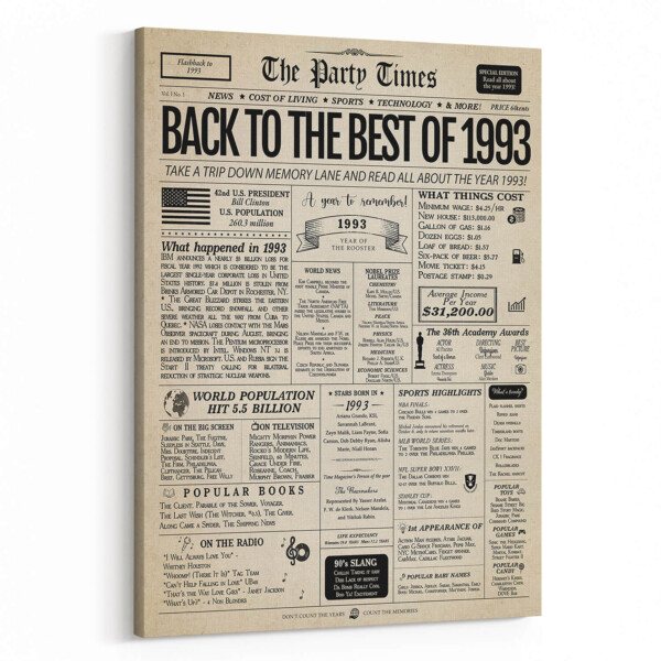 Back In 1993 31st Birthday Newspaper Canvas Print