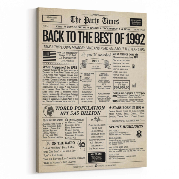 Back In 1992 32nd Birthday Newspaper Canvas Print