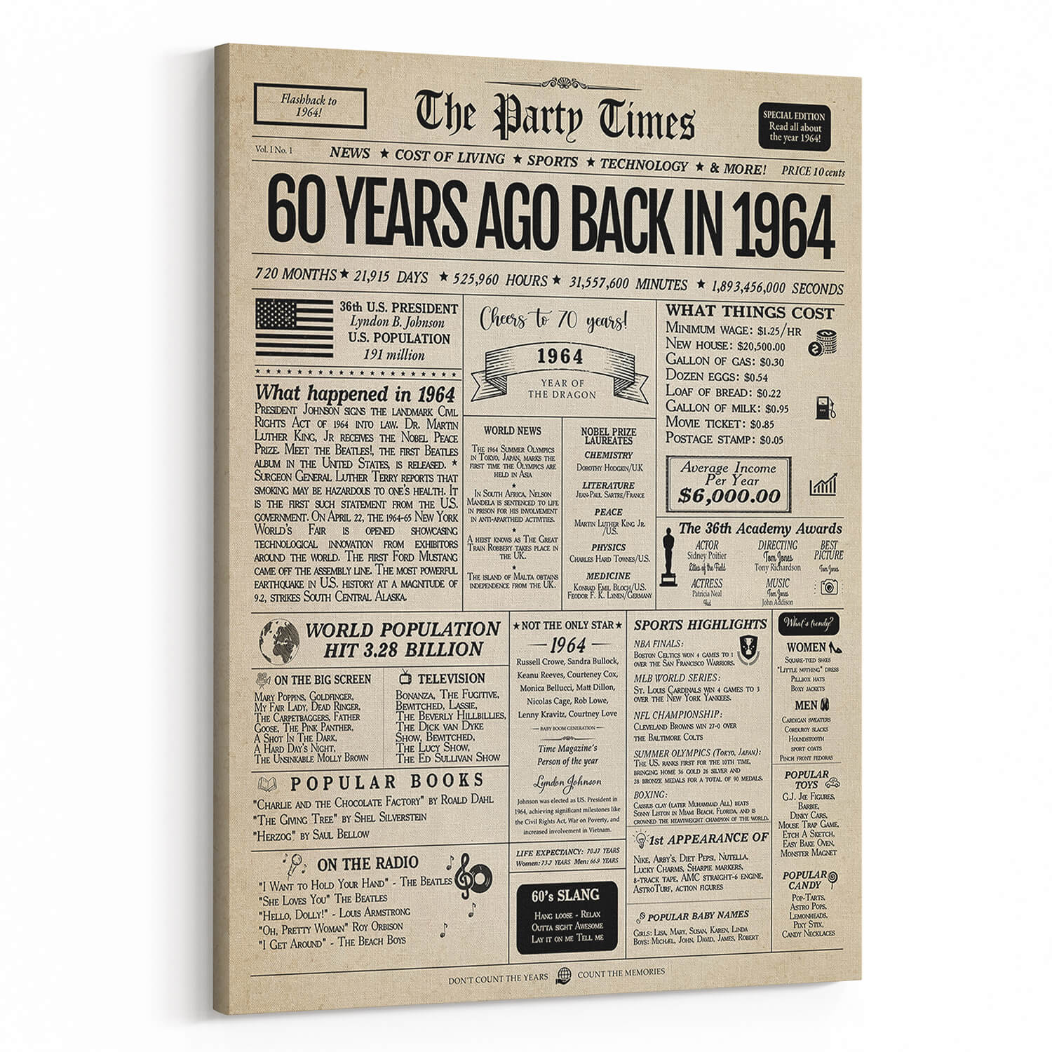 Back In 1964 60th Birthday Newspaper Canvas Print