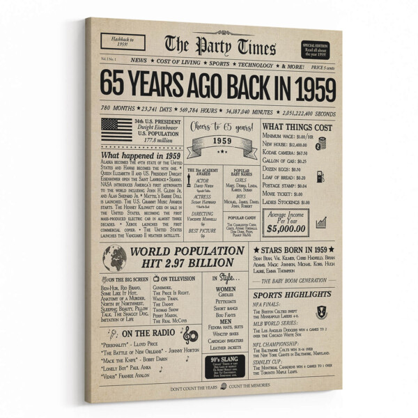 Back In 1959 65th Birthday Newspaper Canvas Print